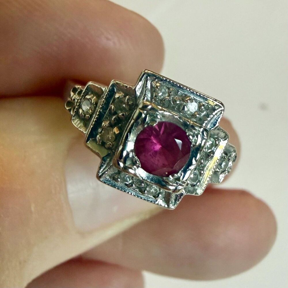 Vintage 14K White Gold Ruby Red Stone Ring Art Deco Estate Diamond Ring 5.75